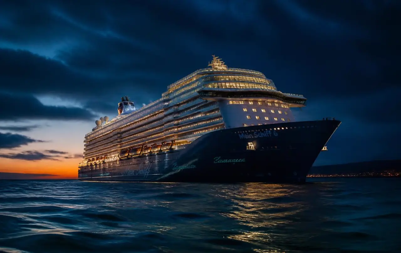 Nave da crociera illuminata al tramonto sul mare